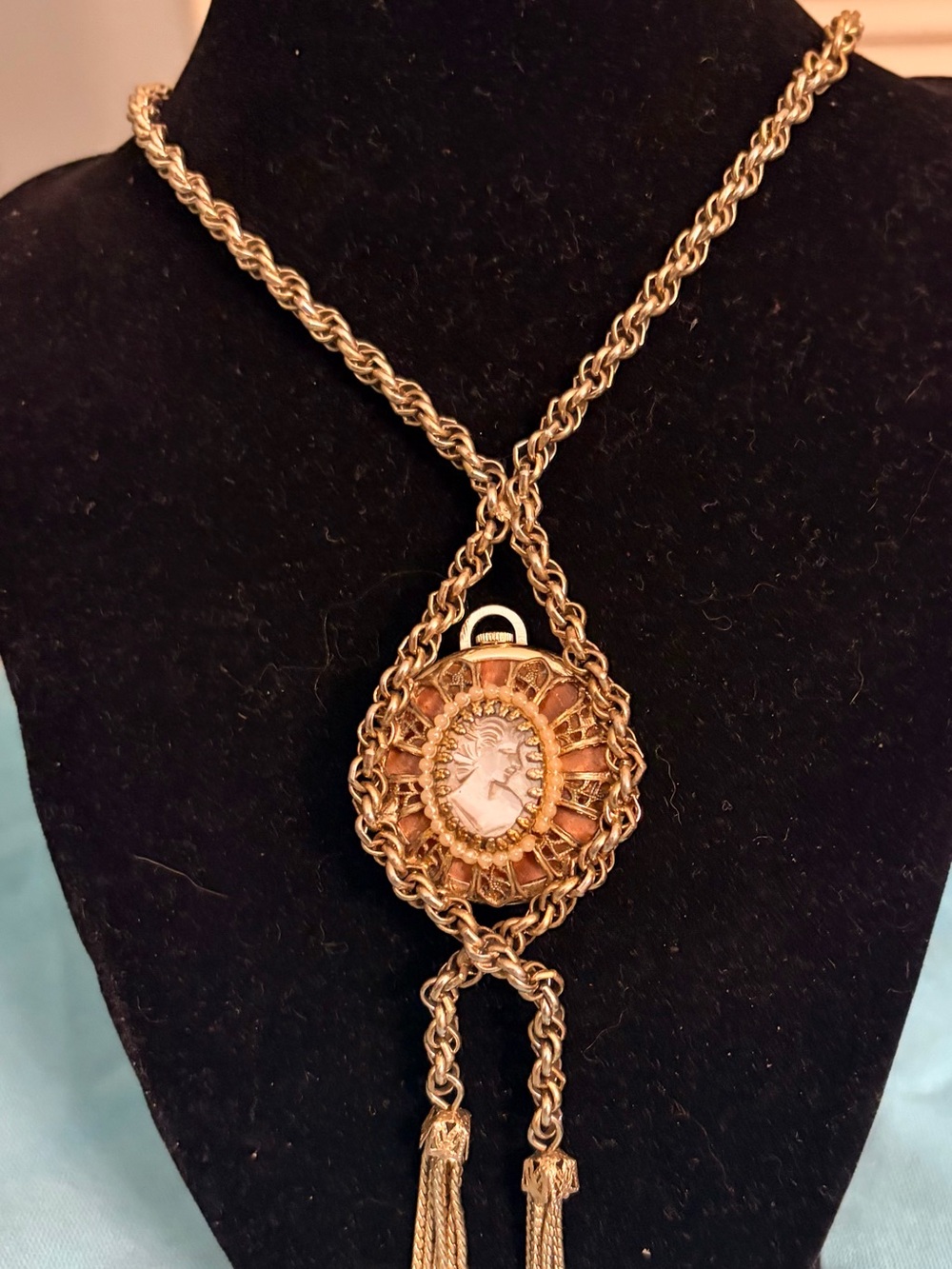 Gold-Tone Cameo/Watch Pendant Long Chain Necklace - Gold
